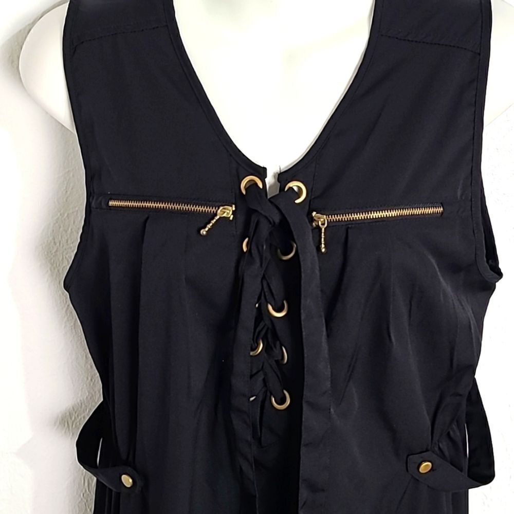 Eighty.Eight Black Sleeveless Mini-Dress, Lace-up Front, Gold Zippers,Size Large - Picture 3 of 9